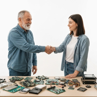People shaking hands over a table with various electronics components, symbolizing a fair transaction between seller and buyer, clean image, no text
