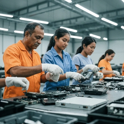 Diverse group of people sorting e-waste in a clean, modern recycling facility