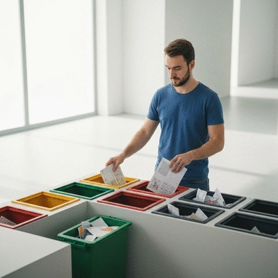 Person sorting paper waste into recycling bins, with a clean and modern background, no text, no words, no typography, no labels, clean image