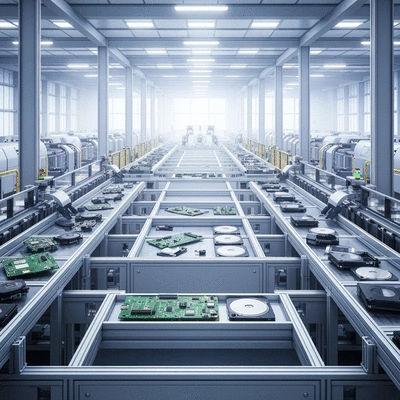 Modern e-waste recycling facility with machinery sorting electronic components, clean industrial aesthetic, no text, no words, no typography, 8K