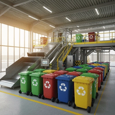 Modern waste management facility in UAE with sorting equipment and recycling bins, clean image