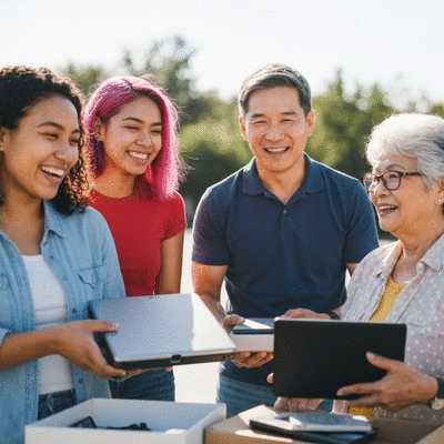Diverse group of people participating in a community e-waste collection event