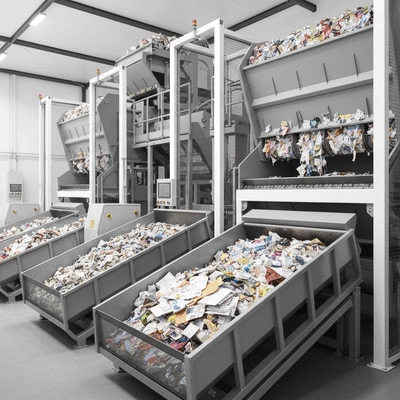 Modern recycling facilities in UAE, showing sorted paper waste and machinery, no text, no words, no typography, 8K, clean image