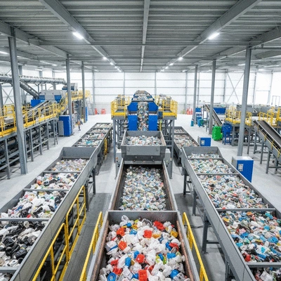 Modern recycling facility in UAE with advanced sorting machinery and plastic waste being processed