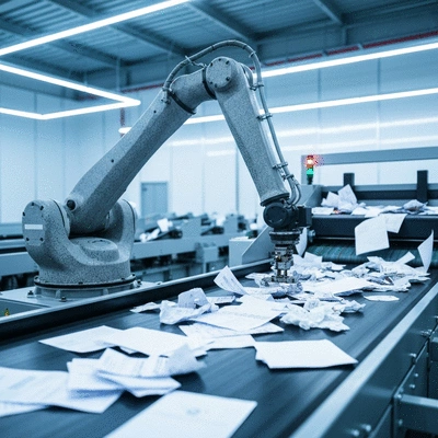 Robotic arm sorting paper waste in a modern recycling facility, futuristic, clean environment