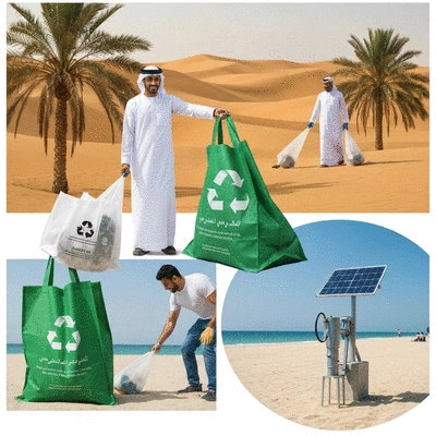 Graphic illustrating sustainable practices in UAE, showing elements like reusable bags, composting, and recycling bins, no text, no words, no typography