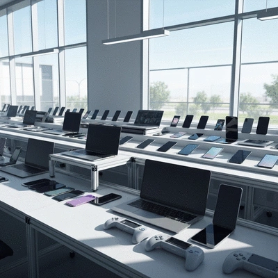 Modern electronic devices being sorted for recycling in a clean, high-tech facility, representing e-waste management in the UAE