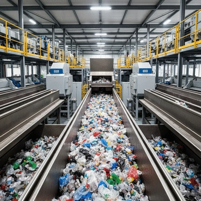 Modern plastic recycling plant in the UAE, showcasing advanced machinery and sorted plastic waste, clean industrial environment, no text, no words, no typography, 8K