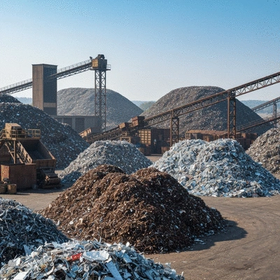 Industrial-scale metal recycling plant with large piles of sorted scrap metal, clean image