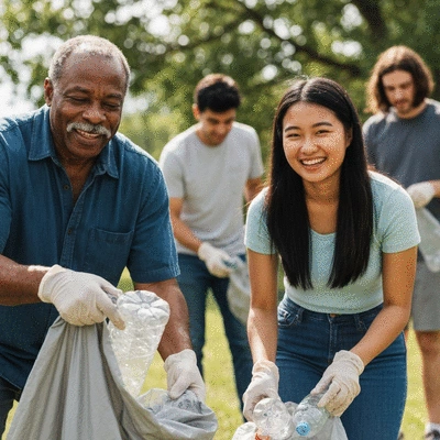 People actively participating in a community clean-up event, picking up plastic bottles