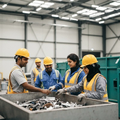 Industrial workers collaborating in a scrap metal recycling facility