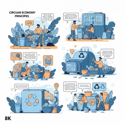 Illustration of circular economy principles in the UAE, showing reuse, recycle, and waste minimization in action, no text, no words, no typography, 8K