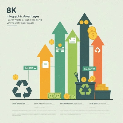 Infographic showing the financial benefits of recycling paper waste, with upward arrows and currency symbols