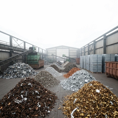 Industrial facility with various types of sorted scrap metal, emphasizing ferrous and non-ferrous materials