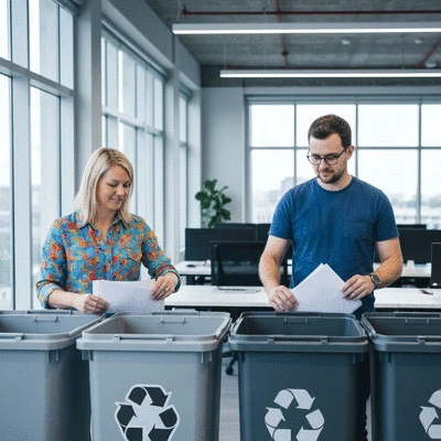 Office workers sorting paper into recycling bins with natural light