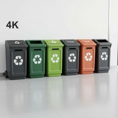 Recycling bins with different waste categories in a clean, modern setting
