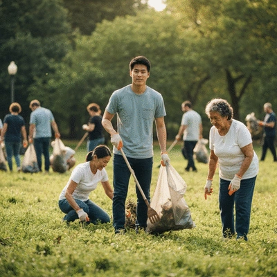 Community members participating in a local clean-up event, collecting scrap metals and plastics