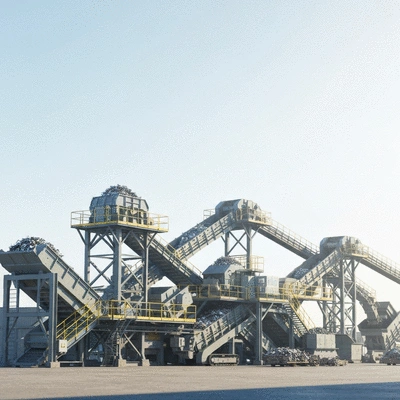 Industrial facility with recycling machinery processing scrap metal, clean image