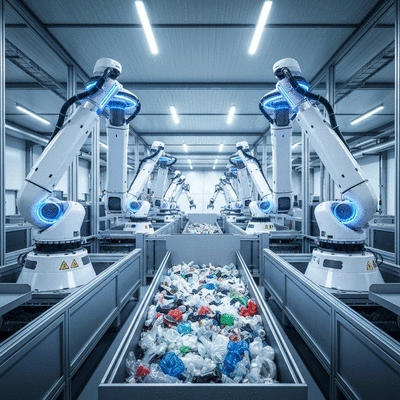 Futuristic image of advanced plastic recycling technology in the UAE, clean, bright, no text, no words, no typography, 8K