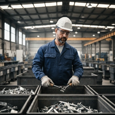 Industrial factory worker sorting scrap metal into bins, clean and organized facility