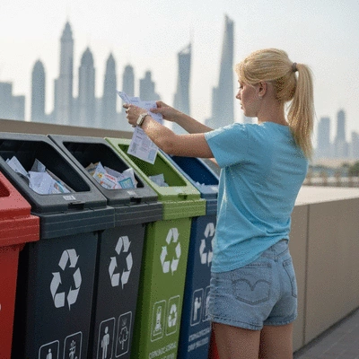 Person sorting paper waste into a recycling bin with UAE flag in background