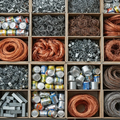 Various types of scrap metal neatly sorted for recycling, including aluminum cans, copper wires, and steel pieces, on a clean industrial background.