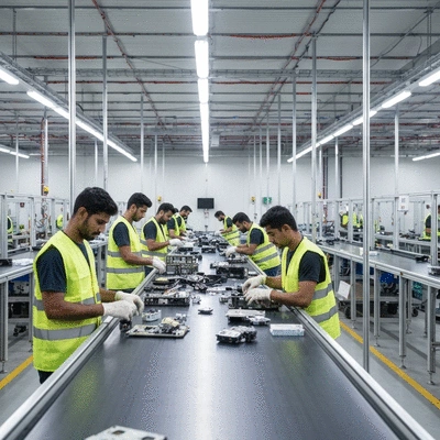 E-waste recycling facility in UAE, workers sorting electronics