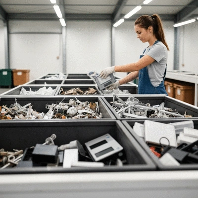 A person sorting different types of scrap materials like metals, plastics, and electronics into separate bins, demonstrating an organized approach to recycling. No text, no words, no typography, no labels, clean image.