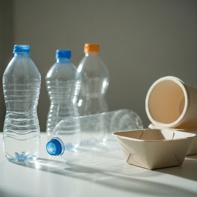 Assortment of common single-use plastic products like bags, cutlery, and cups, clearly indicating they are banned