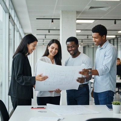 Diverse group of professionals collaborating on a recycling project blueprint, representing public and private sectors in the UAE