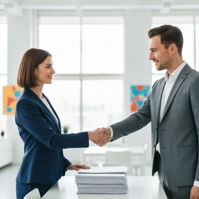Business people shaking hands over a stack of recycled paper, symbolizing partnership