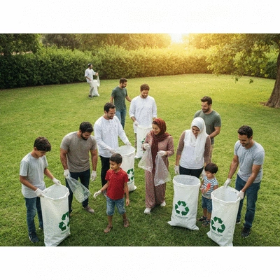 Diverse group of people participating in a community clean-up and recycling event in a park-like setting in the UAE