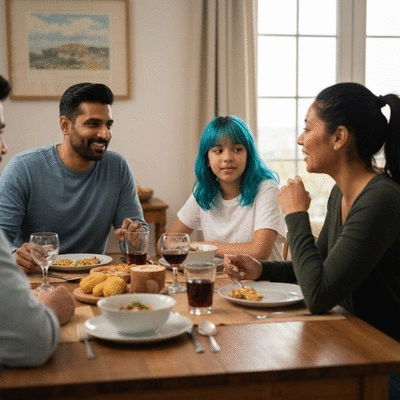 Family sorting e-waste for recycling at home, with various electronics