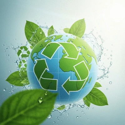 Stylized graphic of a globe with recycling symbols, representing global sustainability
