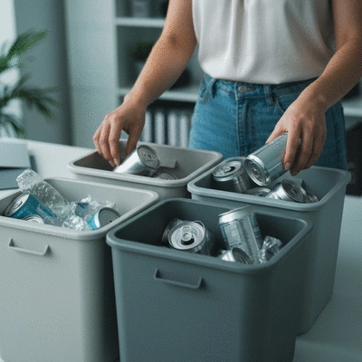 Person sorting plastic bottles and aluminum cans into separate recycling bins