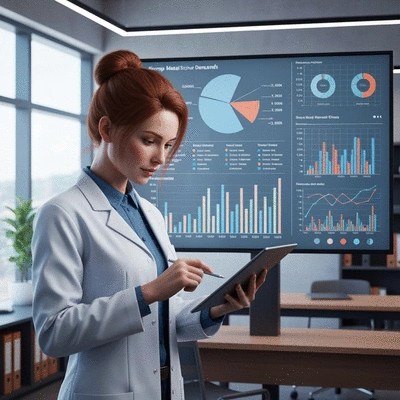 Professional conducting market research on a tablet, with graphs and charts related to scrap metal prices and demand in the background, in a modern office setting.
