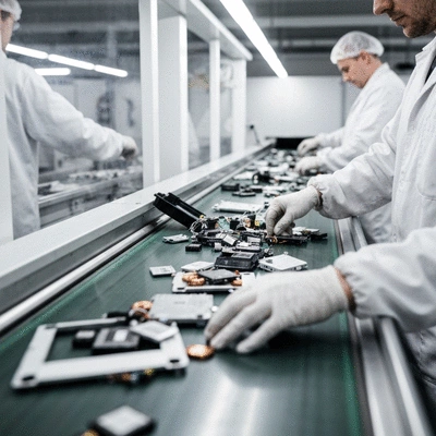 Close-up of hands sorting electronic components on a conveyor belt in a modern recycling facility, focus on valuable materials, clean image, no text, no words, no typography, no labels
