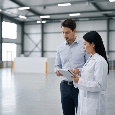 Business owner reviewing recycling guidelines with an employee in an industrial setting, diverse team, modern, clean image, no text, no words, no typography
