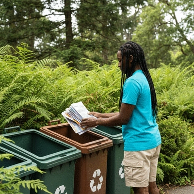 Person sorting paper waste into recycling bins, with green foliage in the background