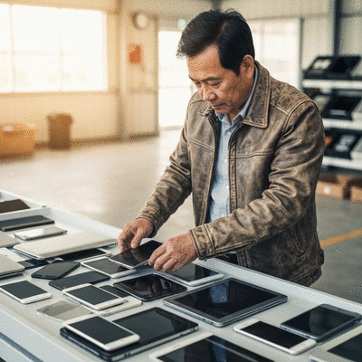 Person sorting various electronic devices for recycling, bright clean background
