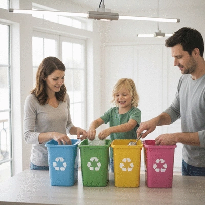 Family sorting waste into different recycling bins at home