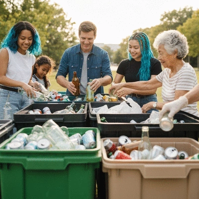 People sorting recycling materials in a community setting, diverse group, natural lighting
