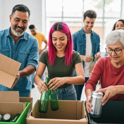 Diverse group of people actively participating in a community recycling event, sorting materials with enthusiasm