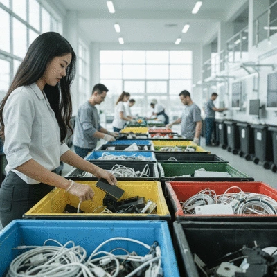 People actively sorting and recycling e-waste in a modern, clean facility, demonstrating environmental responsibility