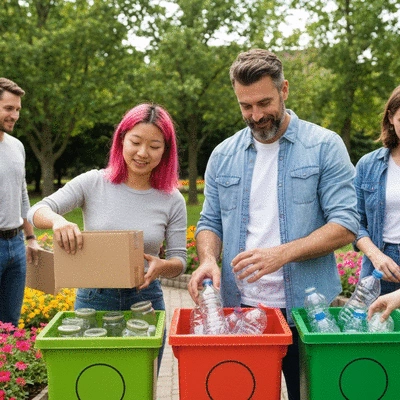 Community members participating in a recycling awareness campaign, sorting materials