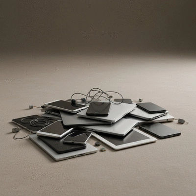 Pile of discarded electronic devices like smartphones, laptops, and tablets
