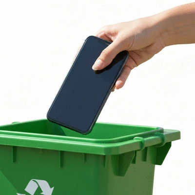 Hand holding a smartphone over a recycling bin, showing responsible disposal, bright clean background