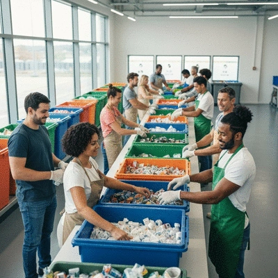 People sorting recycling materials in a clean, modern facility