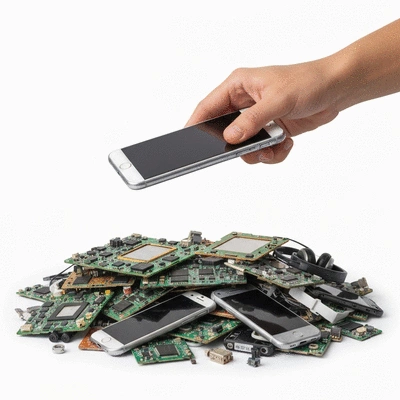 Hand holding a smartphone over a pile of electronic waste, symbolizing the growing e-waste problem in the UAE