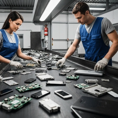 Workers in a modern recycling facility sorting electronic waste components on a conveyor belt, focusing on safe and efficient material recovery.